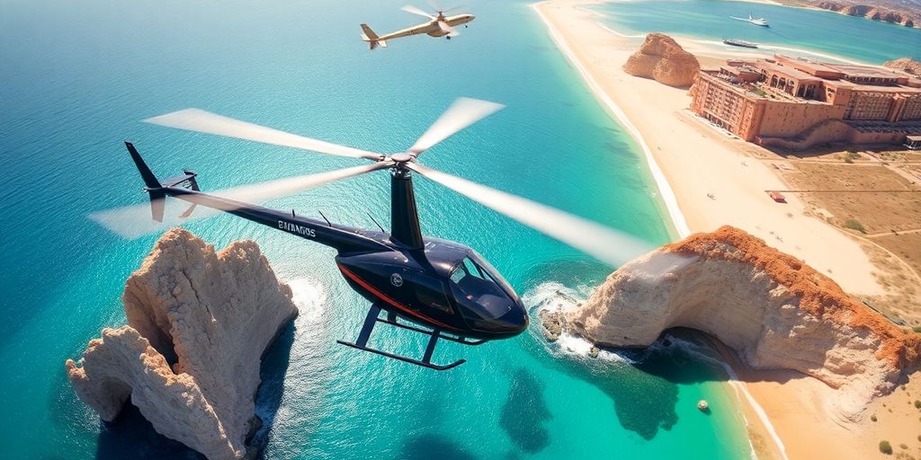 A private helicopter soaring over Cabo's picturesque coastline.