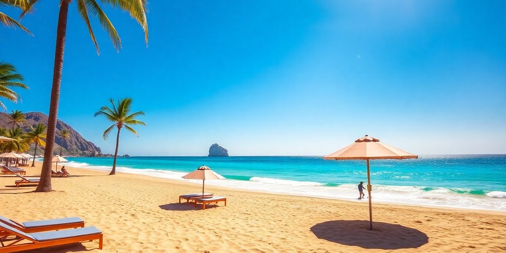 Beautiful Cabo San Lucas beach with turquoise waters and palm trees.