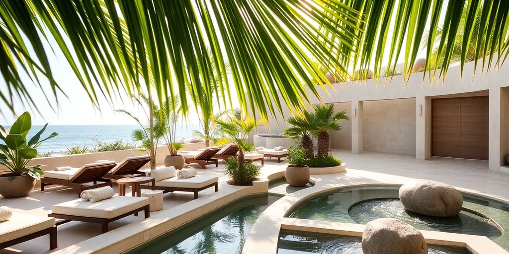 Spa lujoso en Nobu Cabo con plantas tropicales.