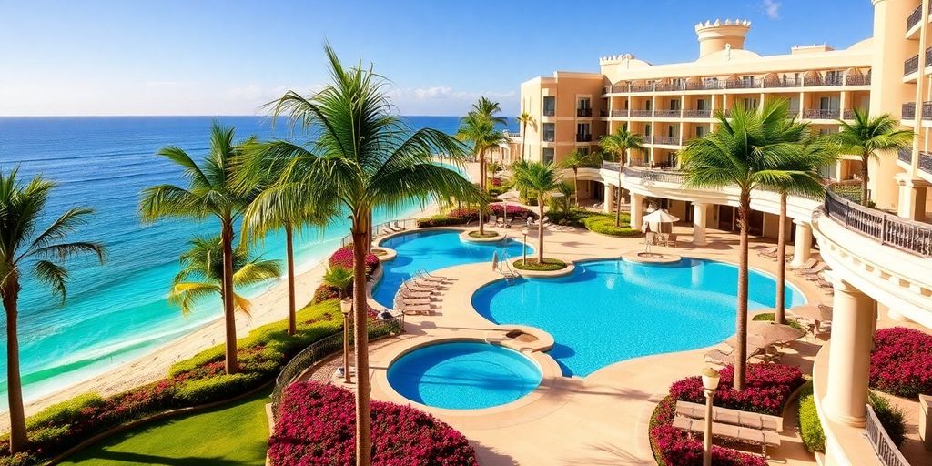 Resort lujoso con vistas al océano y paisajismo tropical.