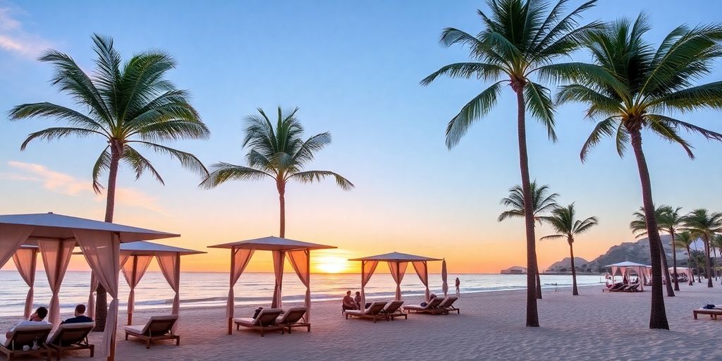 Escena de playa lujosa en Riu Palace Cabo San Lucas.