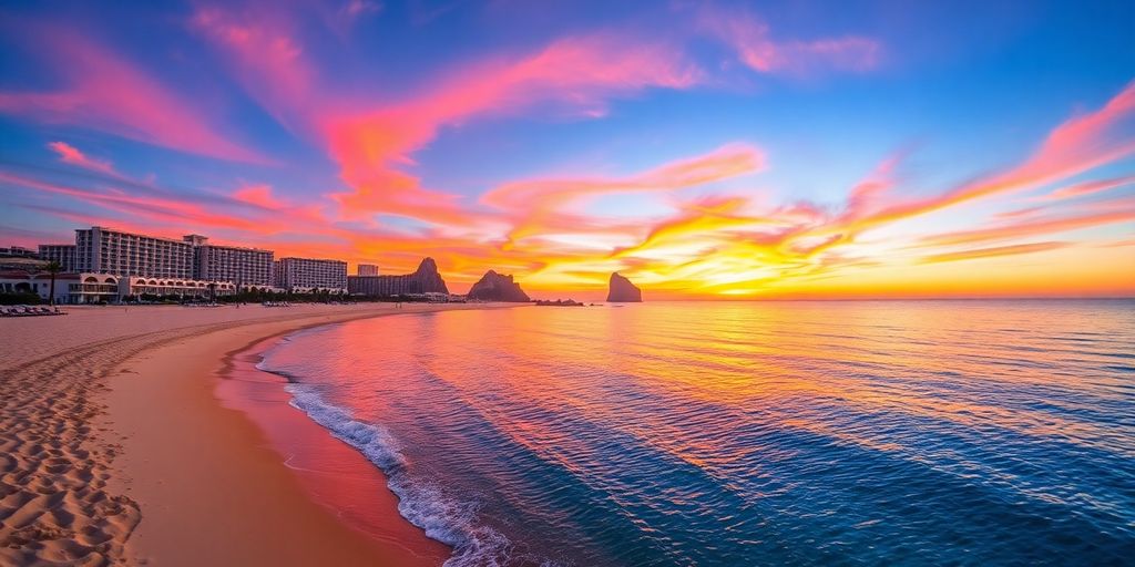 Hermosa playa en Cabo San Lucas al atardecer.