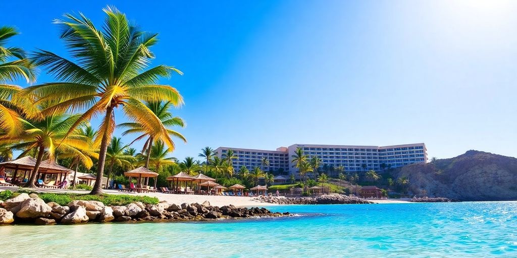 Playa de Cabo San Lucas con palmeras y agua clara.