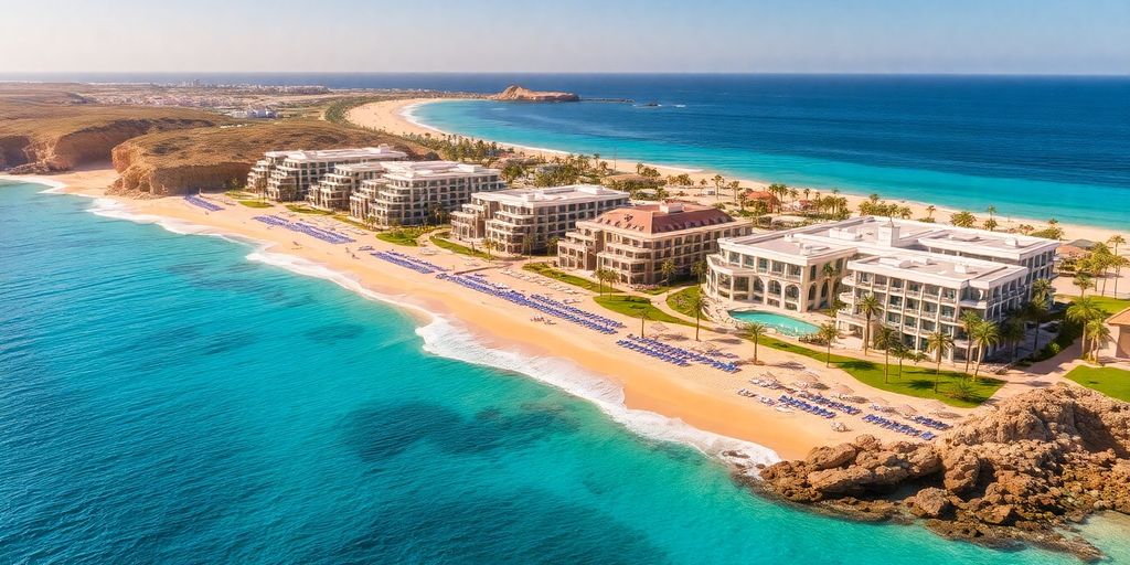 Playa de Cabo con resorts lujosos y aguas cristalinas.
