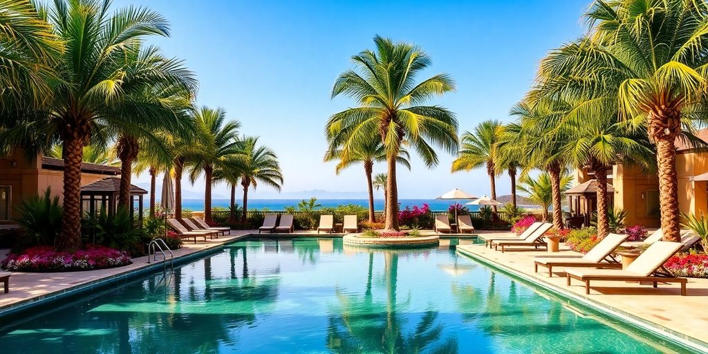 Oasis de spa con piscina y palmeras en Hard Rock.