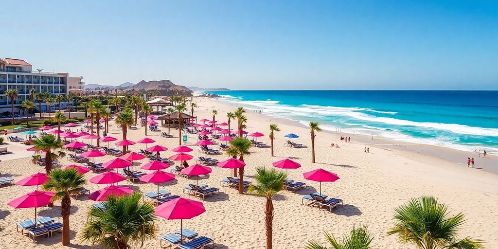 Escena de playa en Hard Rock Los Cabos con palmeras.