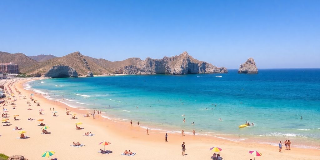 Playa Medano en Cabo San Lucas, con arenas doradas y agua.