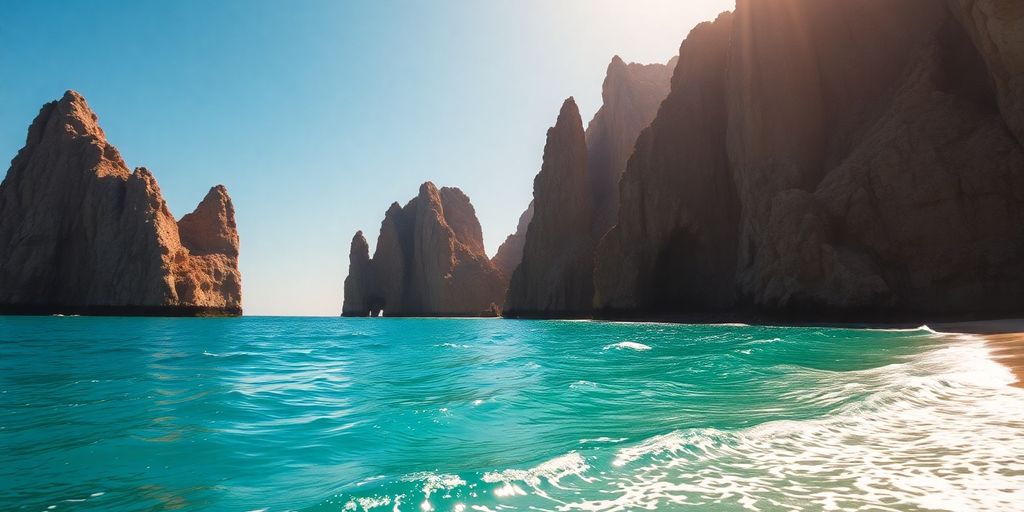 Land's End rock formations against a clear blue ocean.