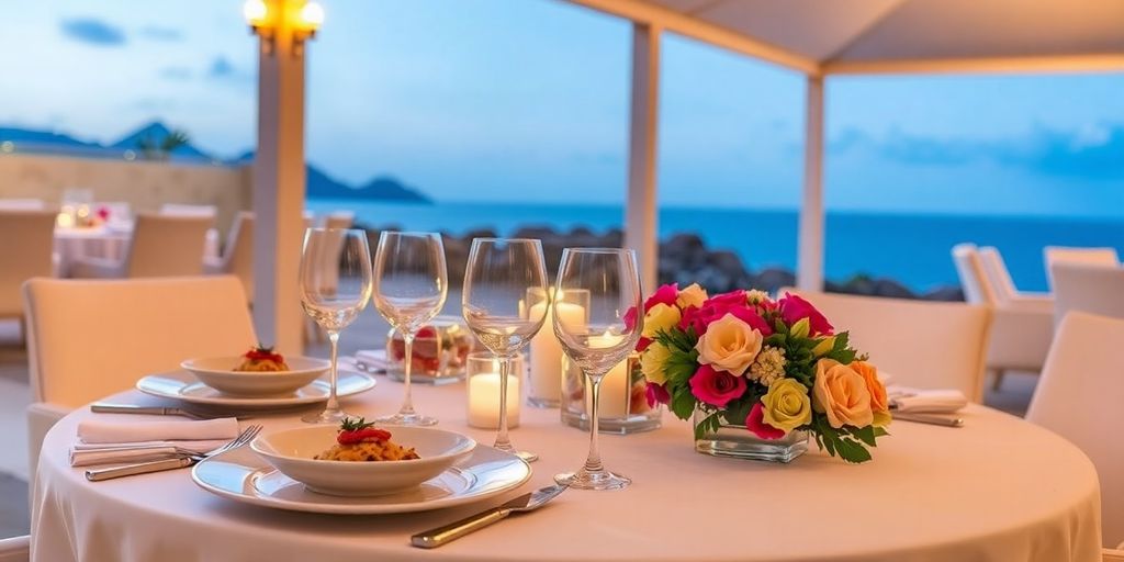 Elegant dining table with gourmet dishes and wine.