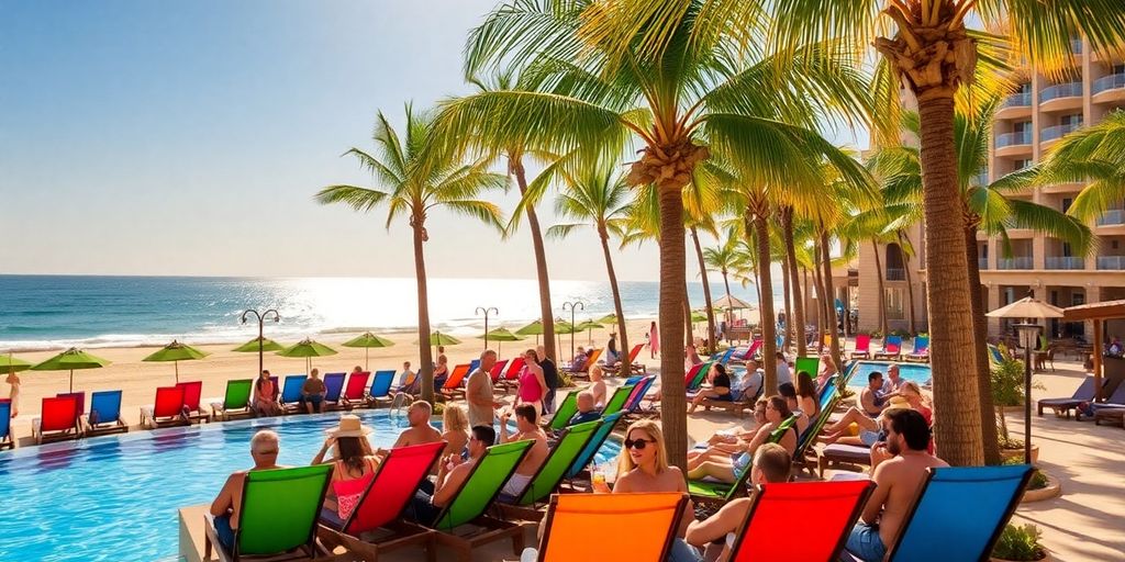 Escena de playa con sillas de lounge y palmeras.