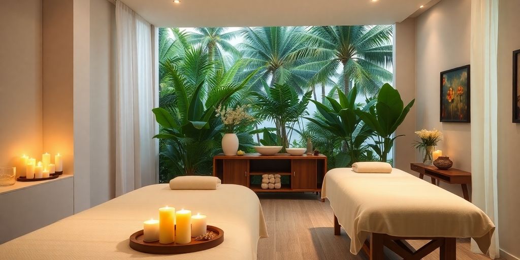 Sala de spa tranquila con mesas de masaje y plantas verdes.