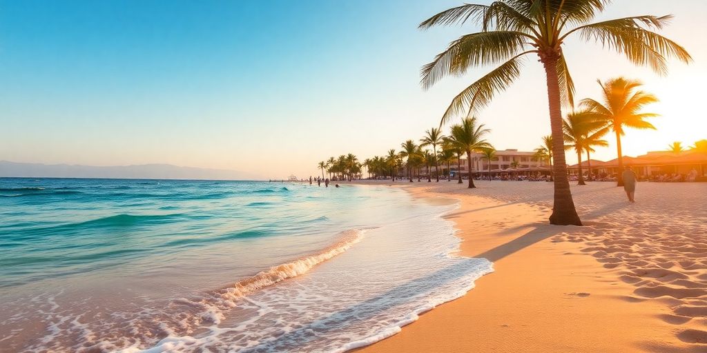Hermosa playa en Riu Cabo con palmeras y atardecer.
