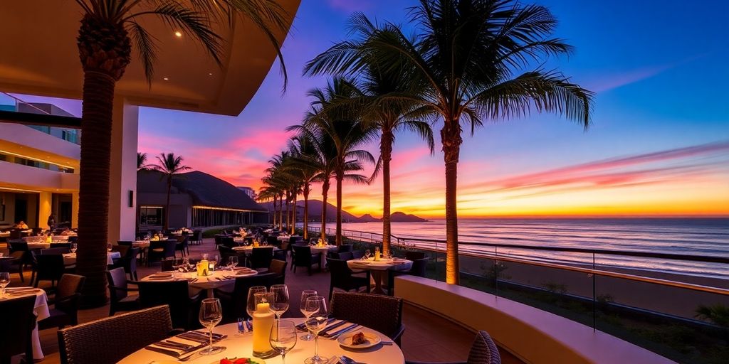 Comedor al aire libre lujoso en el resort Nobu Los Cabos.