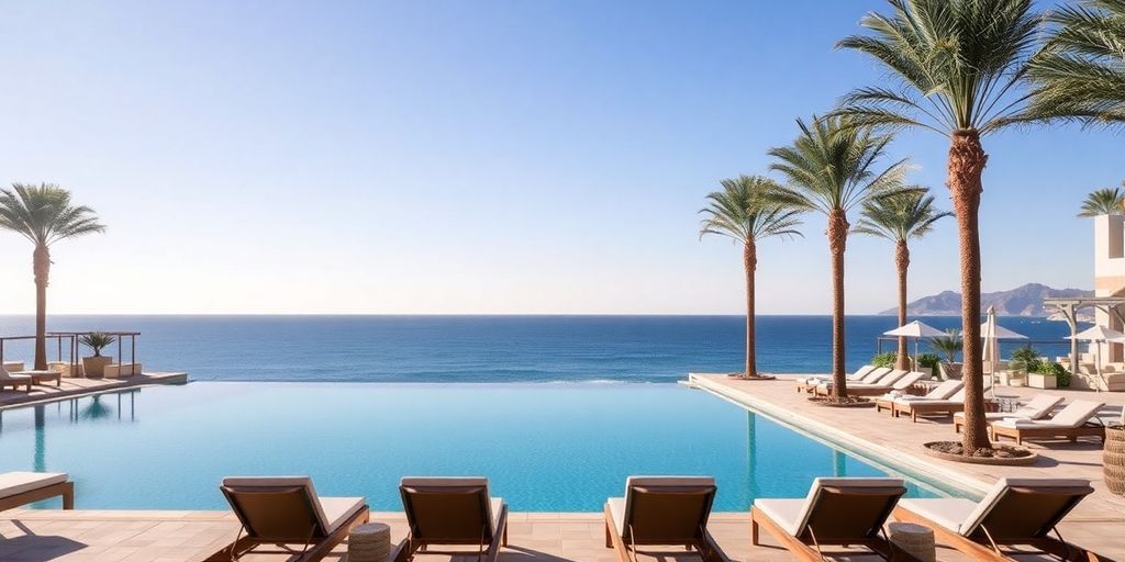 Relajándose junto a la piscina en Nobu Hotel Cabo con vista al océano.