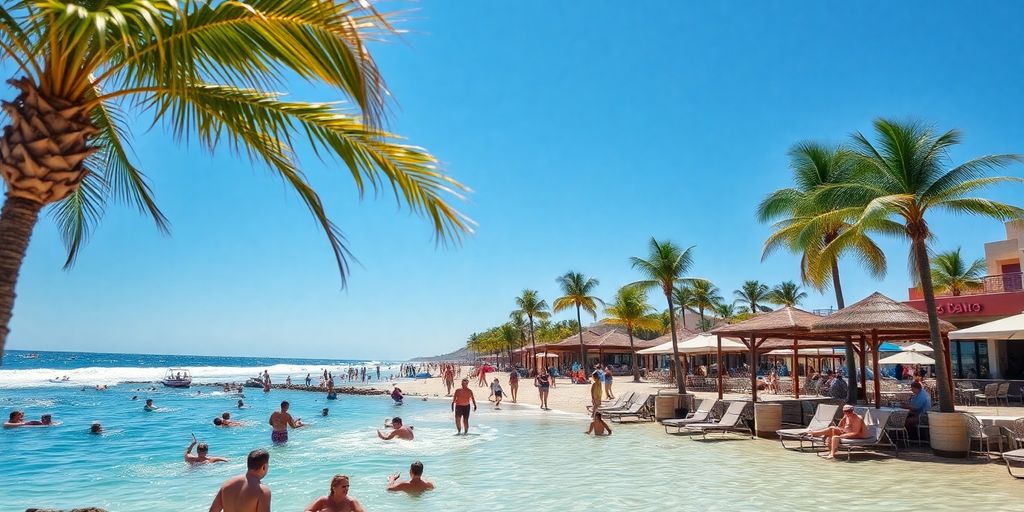 Actividades en la playa en Puerto Los Cabos con palmeras.