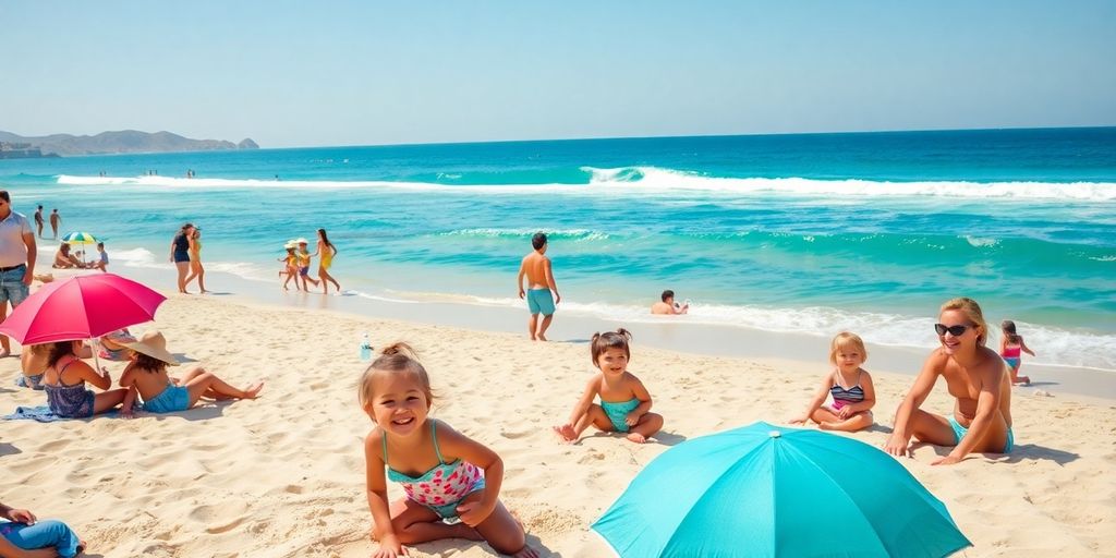 Familias disfrutando de la diversión en la playa en Los Cabos.