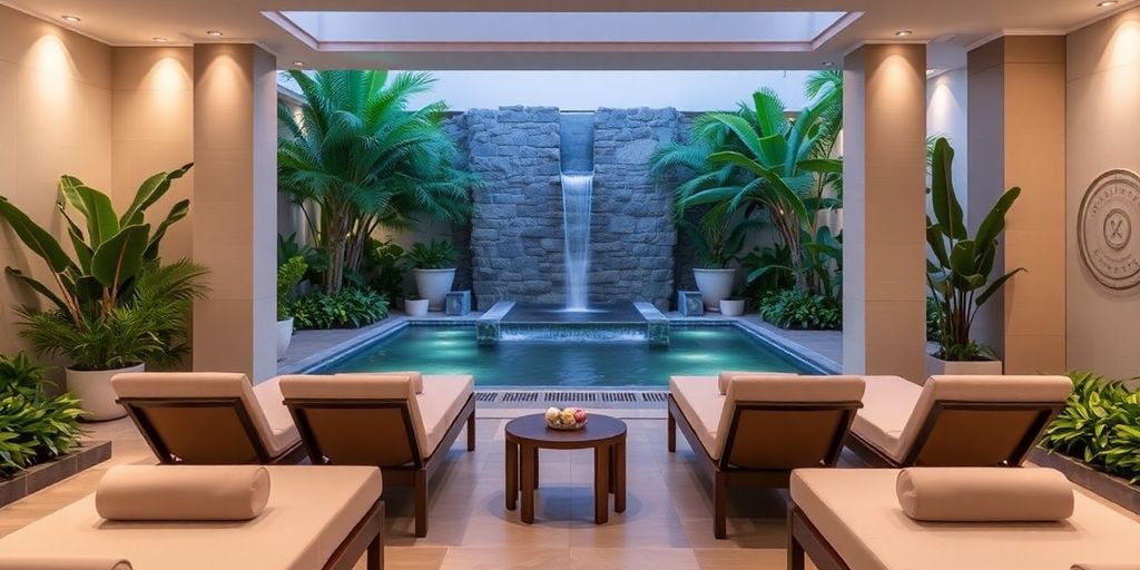 Luxurious spa area with greenery and tranquil water features.