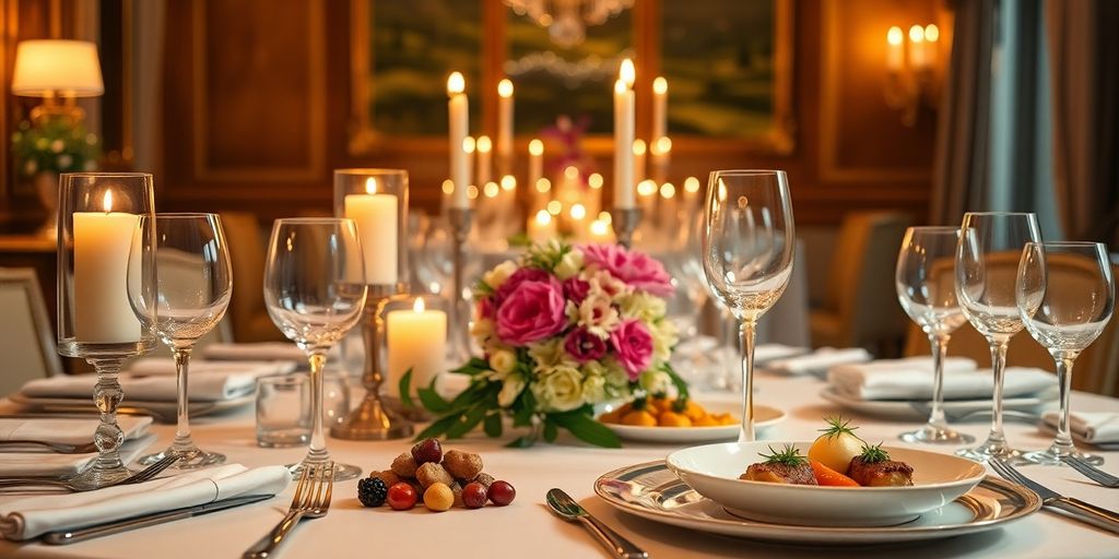 Elegant dining table with gourmet dishes and candles.