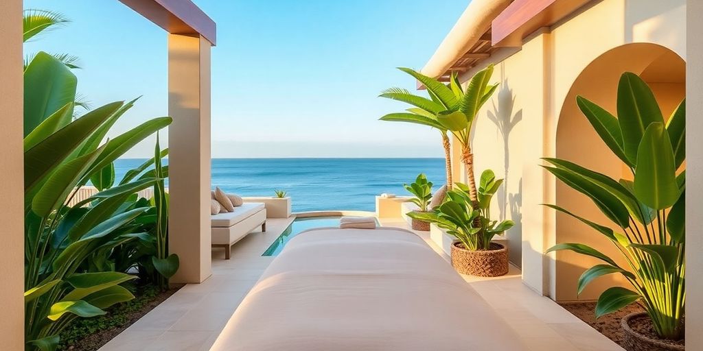 Spa al aire libre en un resort de Los Cabos con vista al océano.
