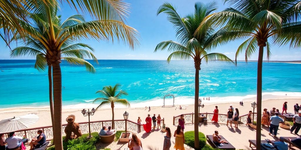 Lujoso resort de Los Cabos con playa y palmeras.