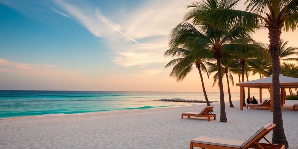 Playa lujosa en LeBlanc Cabo con atardecer y palmeras.