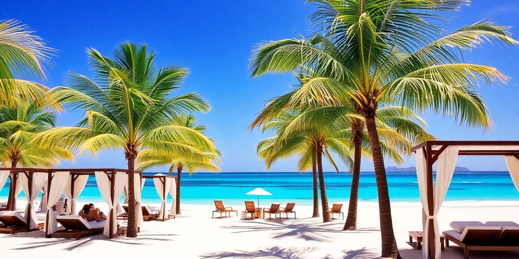 Resort de lujo en la playa con aguas turquesas y palmeras.