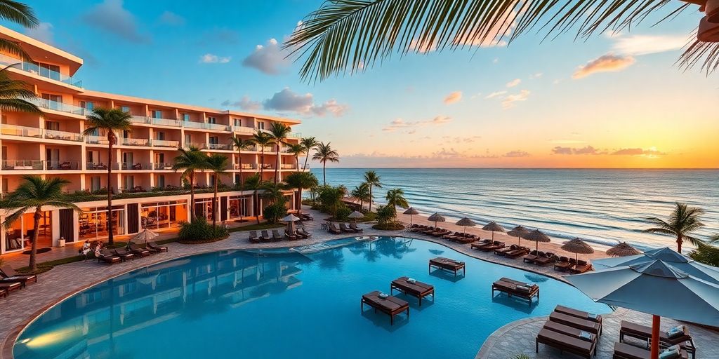 Hotel lujoso con vista al océano y ambiente junto a la piscina.