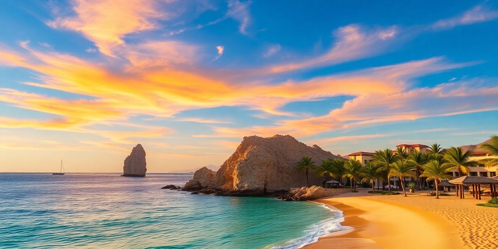 Vista costera cerca de Grand Solmar Cabo al atardecer.