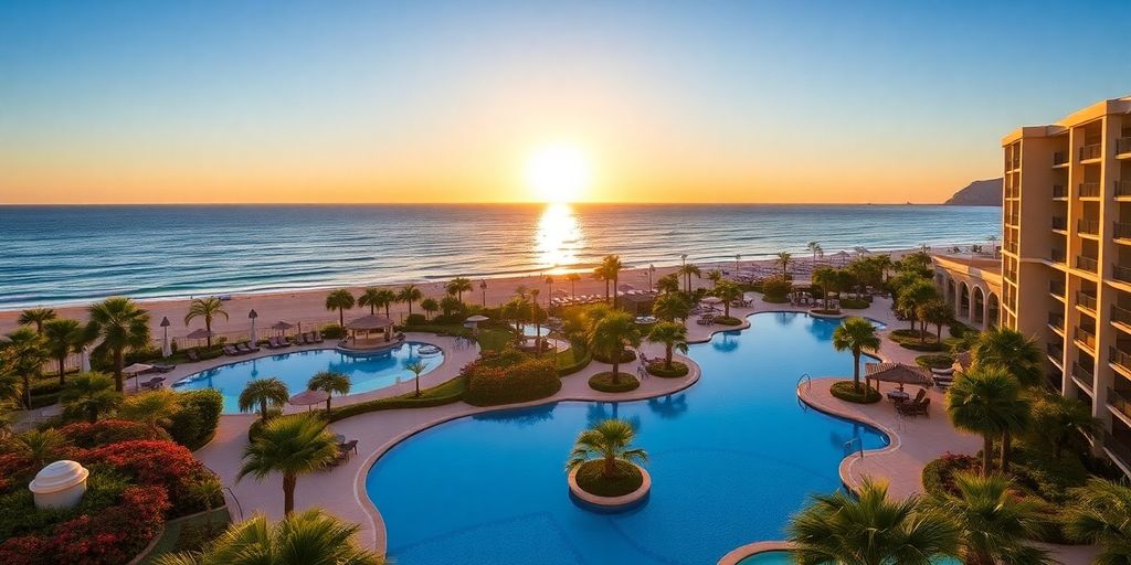 Vista lujosa frente a la playa en el resort Hilton Los Cabos.