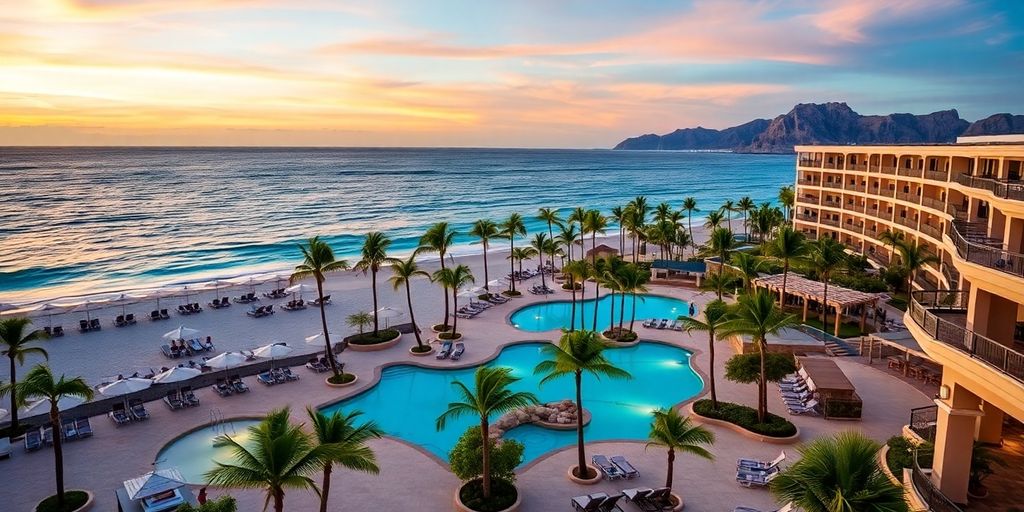 Resort de lujo con playa, piscina y atardecer en Cabo.