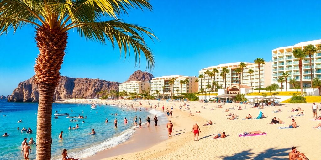 Playa de Cabo San Lucas con turistas y palmeras.