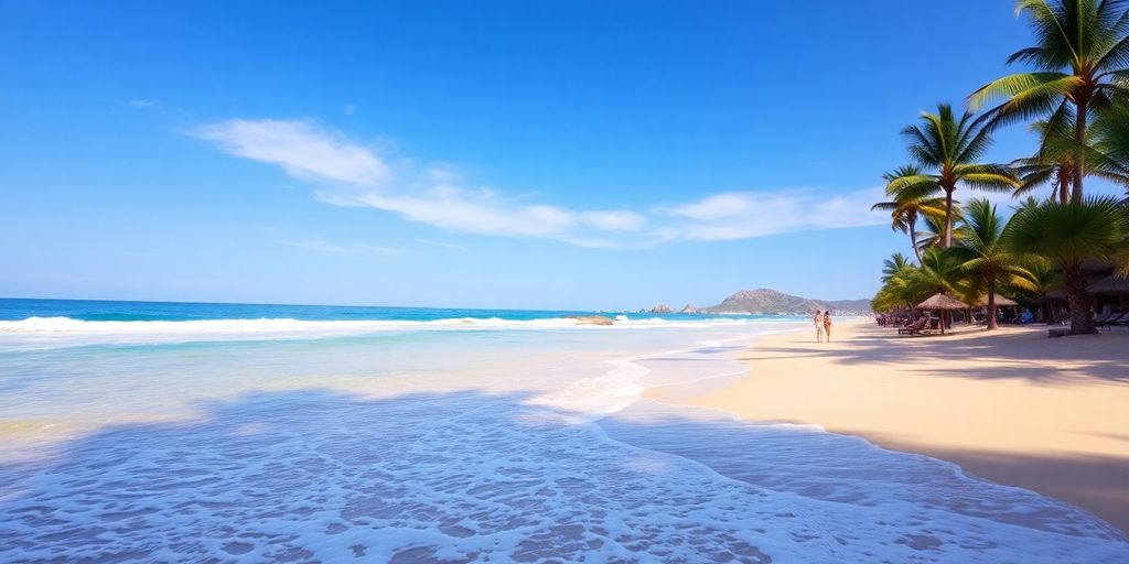 Beach scene in Los Cabos with palm trees and ocean.