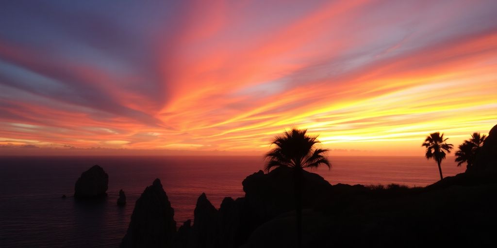 Sunset over ocean with cliffs and palm trees in Los Cabos.