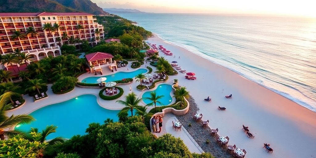 Parejas cenando junto a la playa al atardecer.