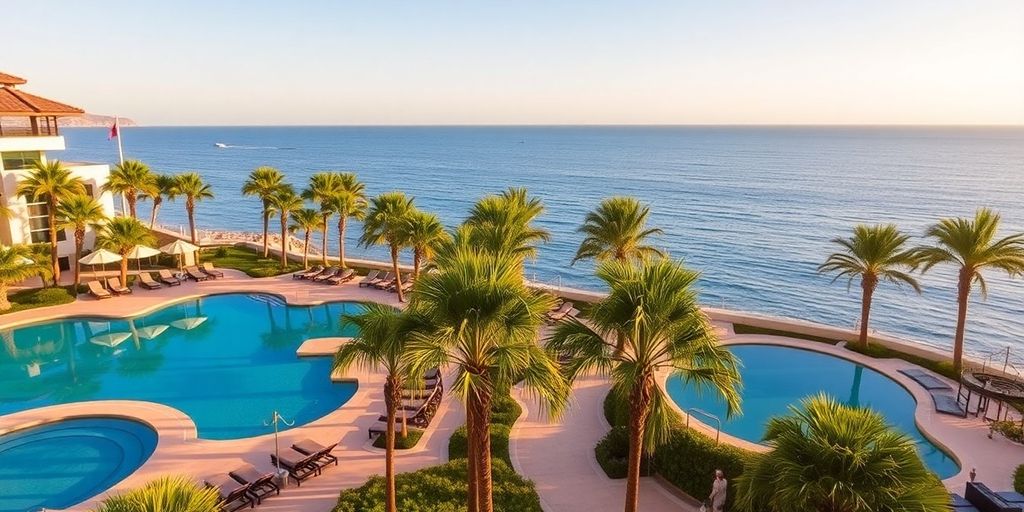 Vista lujosa junto a la piscina en el resort Esperanza en Los Cabos.