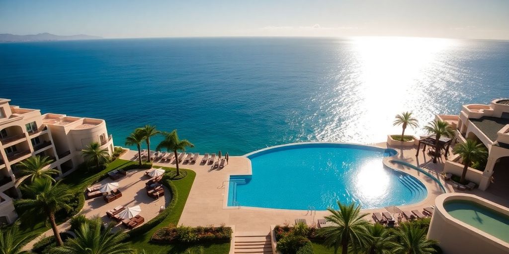 Lujoso Waldorf Astoria Cabo con vista al océano y piscina.