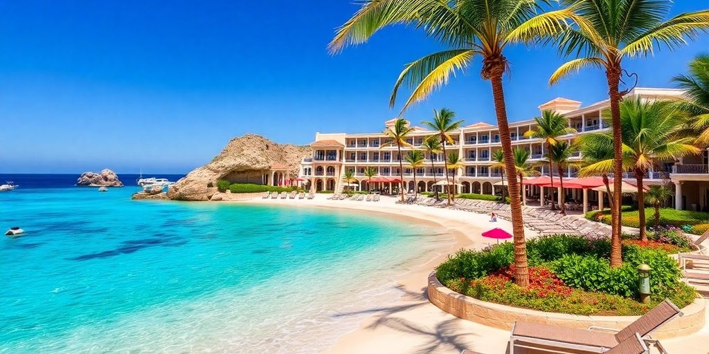 Resort Pueblo Bonito Cabo frente a la playa con palmeras y océano.