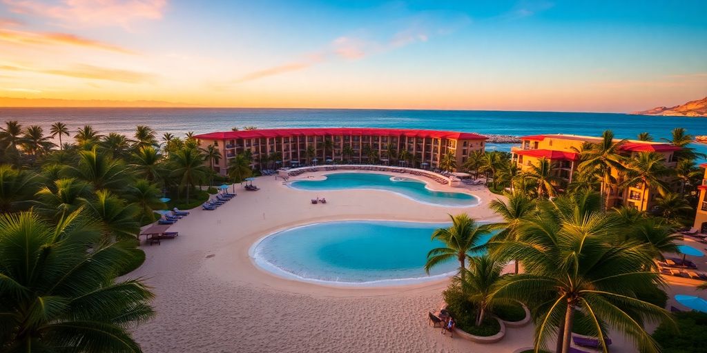 Sunset view of Playa Grande Resort in Cabo.