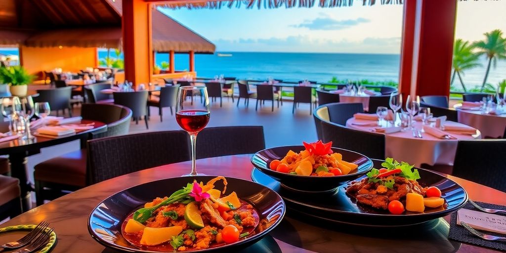 Dining table with exquisite dishes and ocean view.