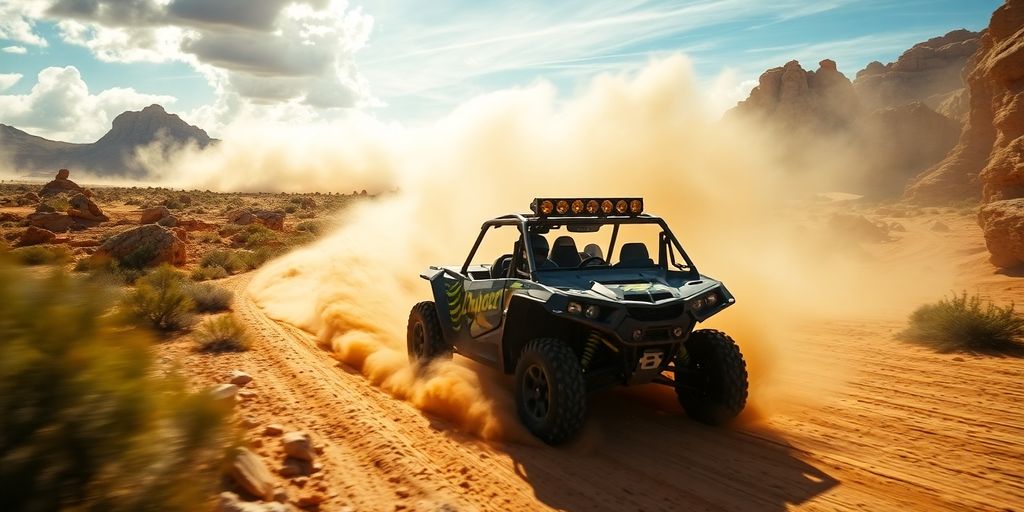 Off-road vehicle racing in Cabo's rugged landscape.