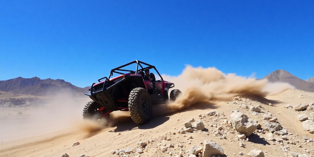 Off-road vehicle driving through Cabo's rugged terrain.