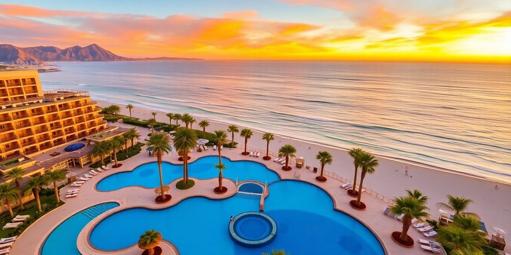 Luxurious Hilton Cabo beach resort with sunset and palm trees.