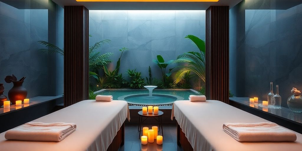 Luxurious spa room with calming decor and massage table.