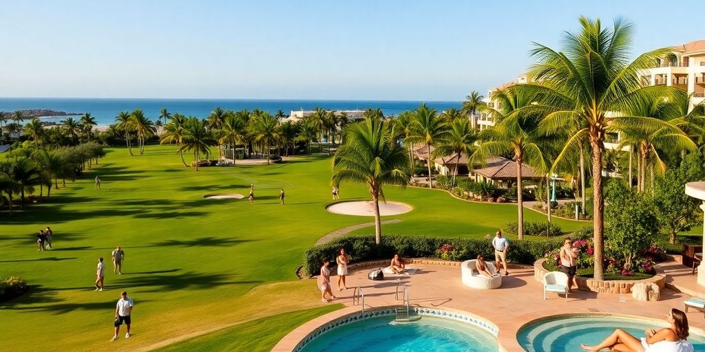 Golfers enjoying a sunny day at Los Cabos resort.