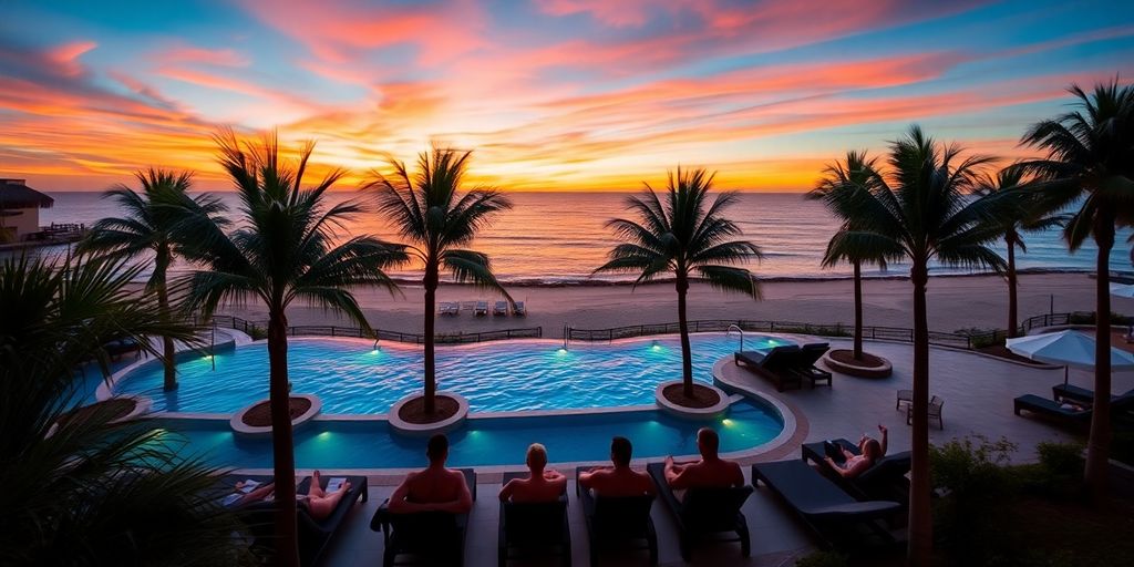 Adults relaxing by a pool at sunset in Cabo.