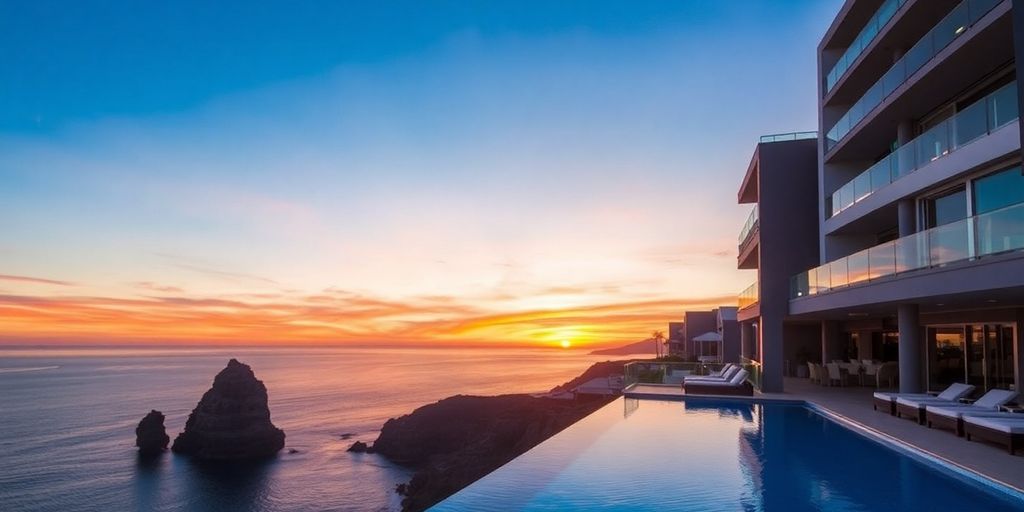The Cape hotel with infinity pool and sunset backdrop.