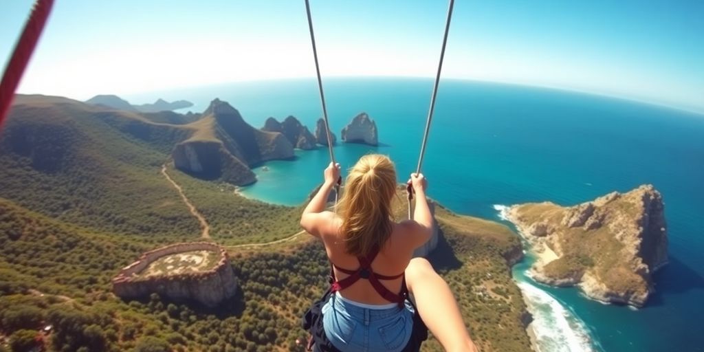 Person zip swinging over lush Cabo landscapes.