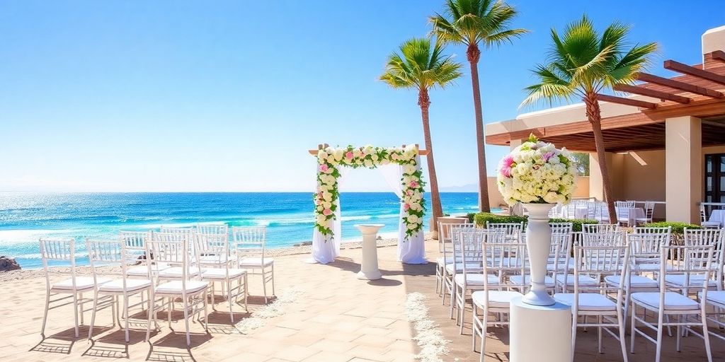 Impresionante configuración de boda frente al mar en Hilton Los Cabos.