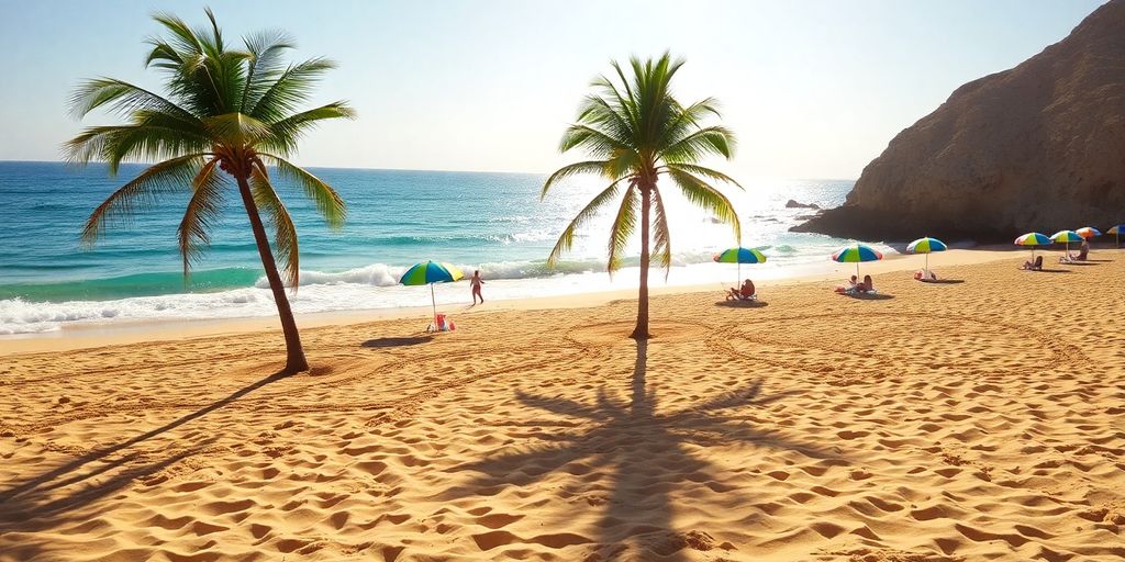 Vibrant beach scene in Cabo with turquoise waters and palms.
