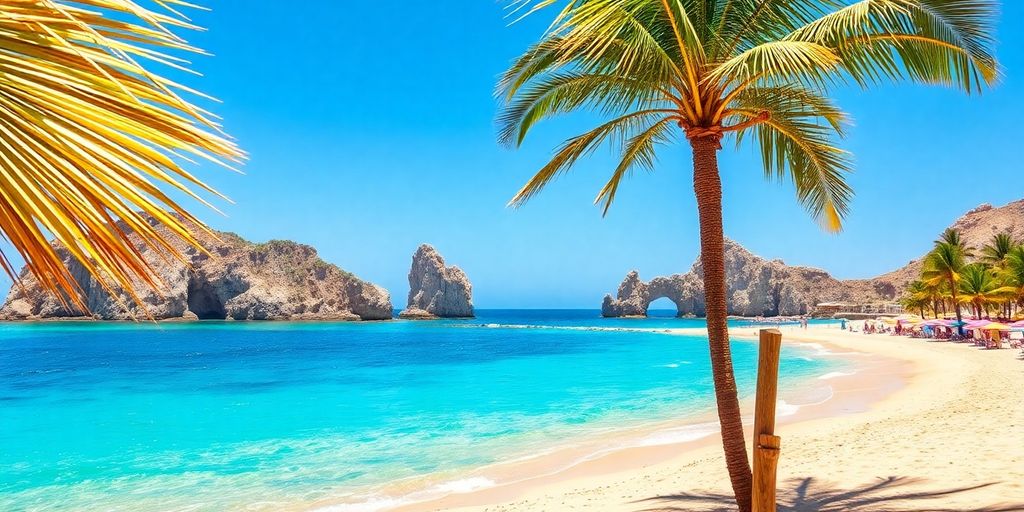 Beach in Cabo with palm trees and clear blue water.